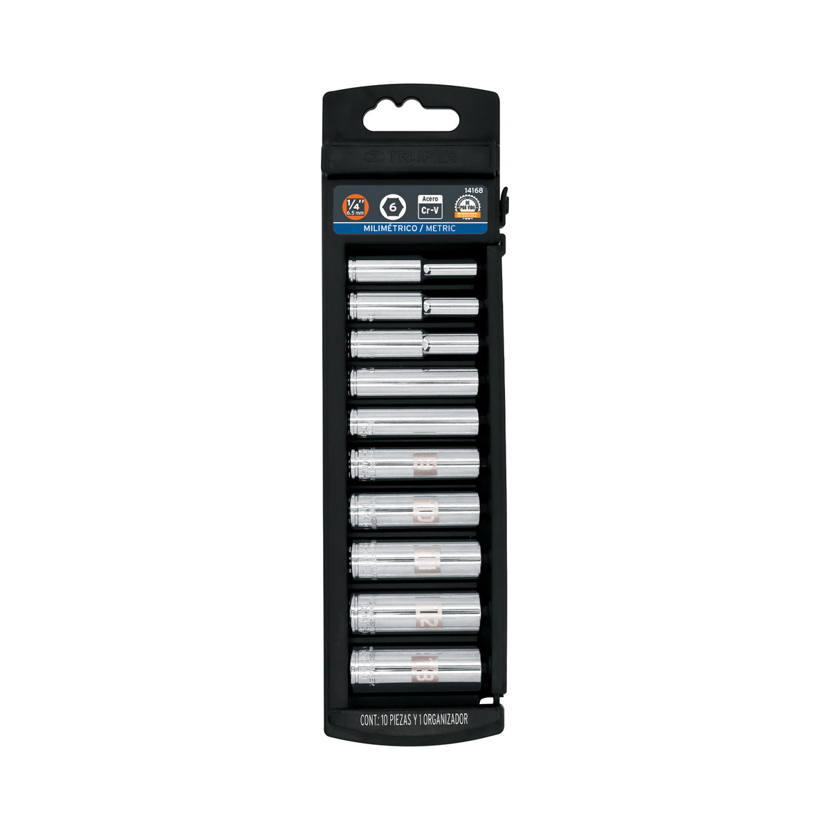 JUEGO DE DADOS LARGOS, CUADRO 1/4", 10 PIEZAS