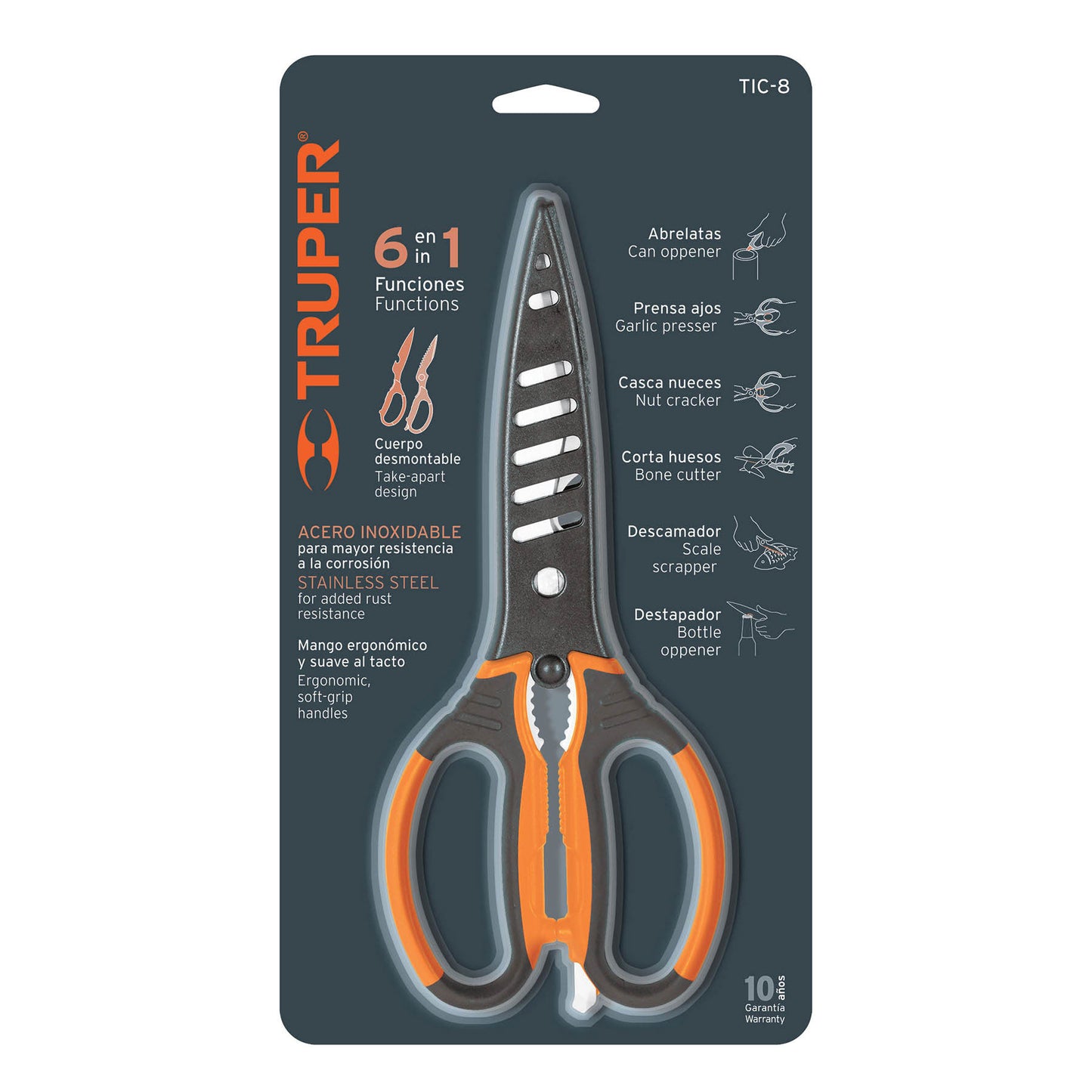 Tijera multiusos para cocina, 8", acero inoxidable