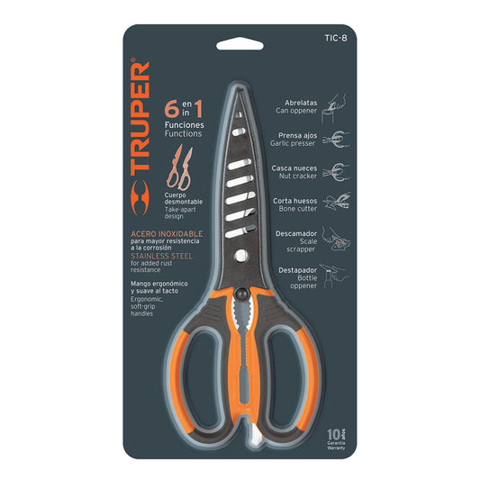 Tijera multiusos para cocina, 8", acero inoxidable