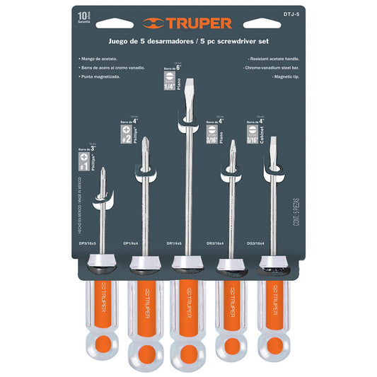 JUEGO DE 5 DESARMADORES, MANGOS DE ACETATO CÓDIGO: 14137 CLAVE: DTJ-5 - Electrum Digital