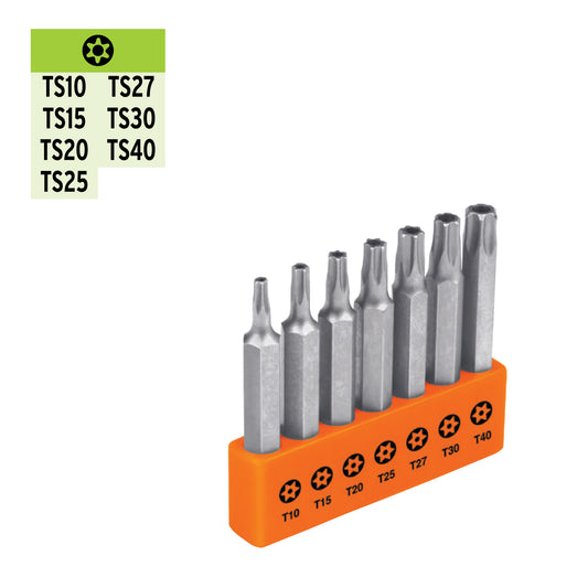 JUEGO DE 7 PUNTAS TORX CON SEGURO, LARGO 2" EN ORGANIZADOR CÓDIGO: 17813 CLAVE: P7-20TS - Electrum Digital