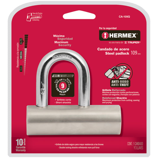 CANDADO DE ACERO, 109MM, GANCHO CORTO, LLAVE DE PUNTOS CÓDIGO: 43365 CLAVE: CA-109Q - Electrum Digital