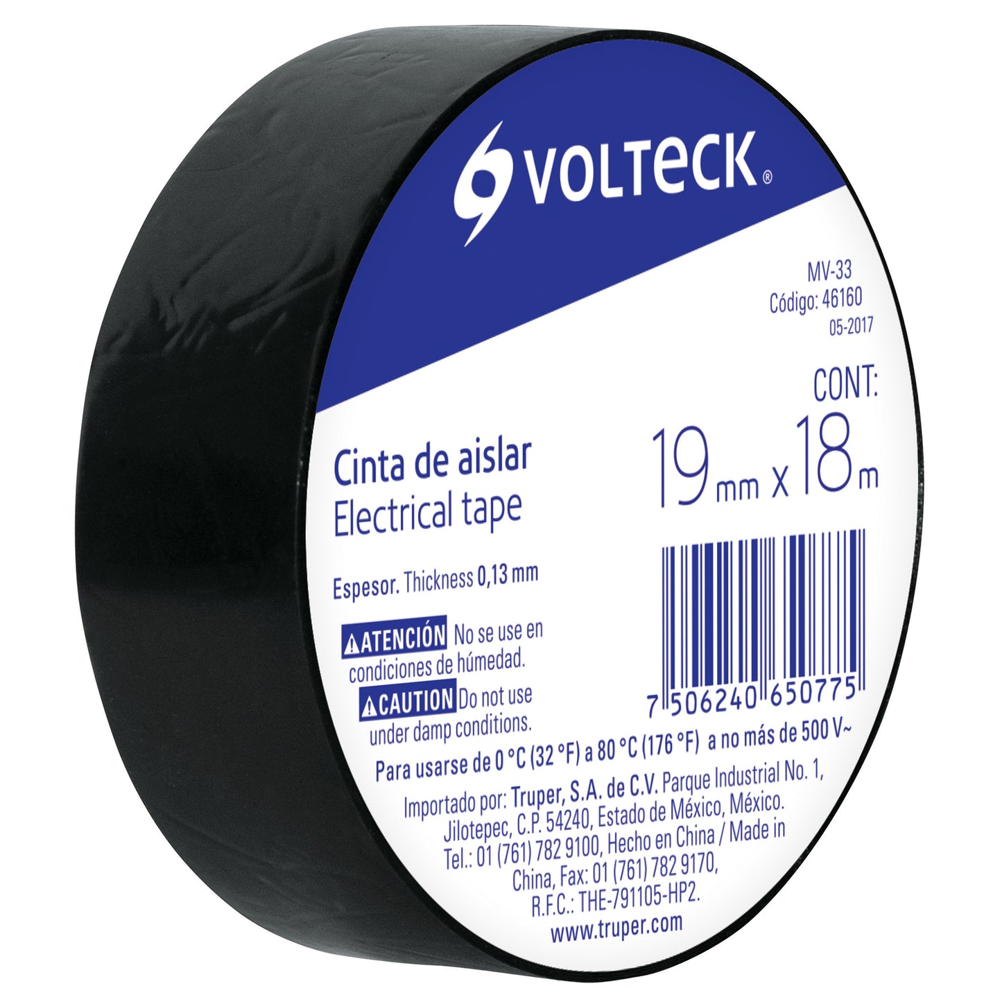 CINTA DE AISLAR, # 33, 18 M, NEGRA, VOLTECK CÓDIGO: 46160 CLAVE: MV-33