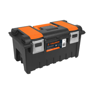 CAJA PLÁSTICA C/COMPARTIMENTOS, NARANJA, BROCHE METÁLICO