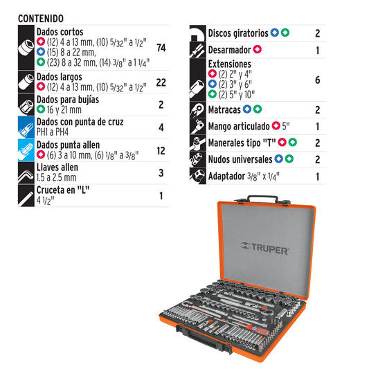 JUEGO DE AUTOCLÉ, 135 PIEZAS, STANDARD Y MILIMÉTRICOS  CÓDIGO: 13975  CLAVE: JD-135MP