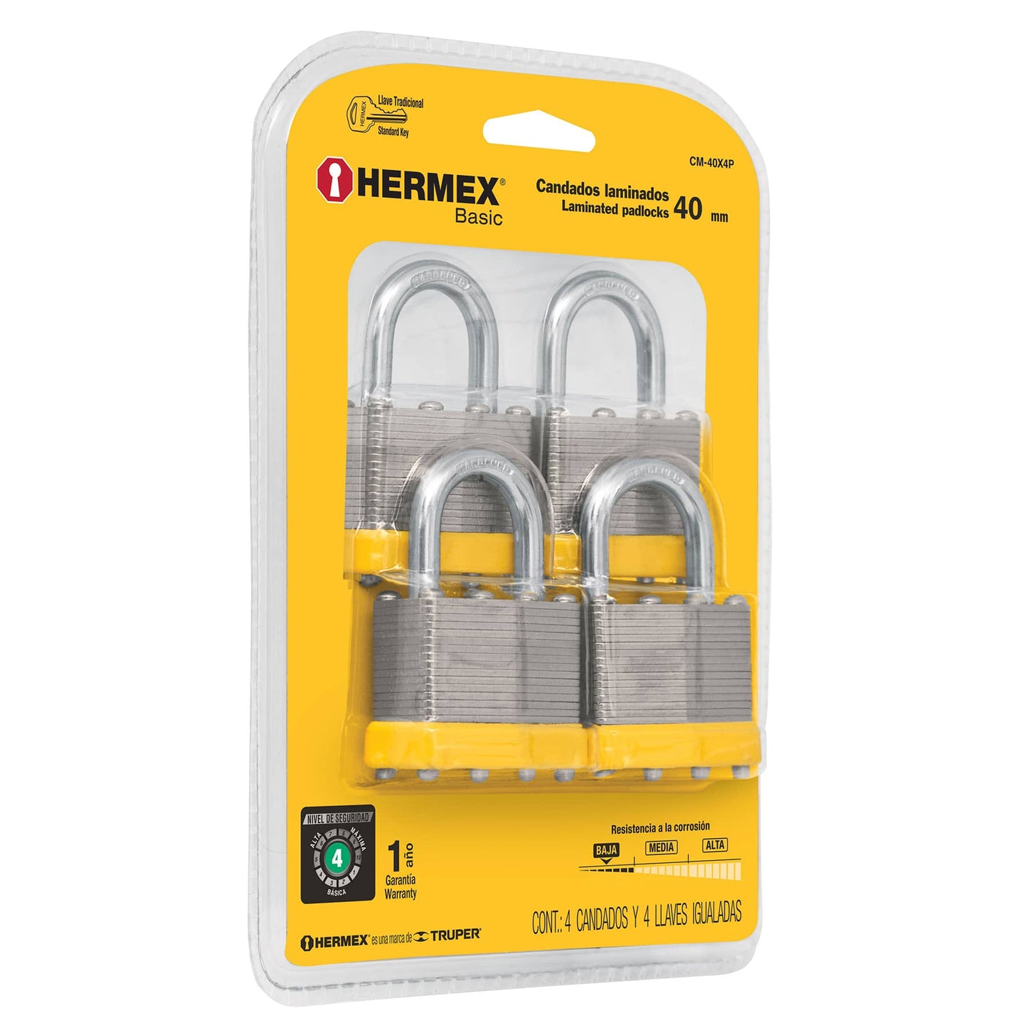 CANDADOS LAMINADOS, BLÍSTER 4 PIEZAS, HERMEX BASIC