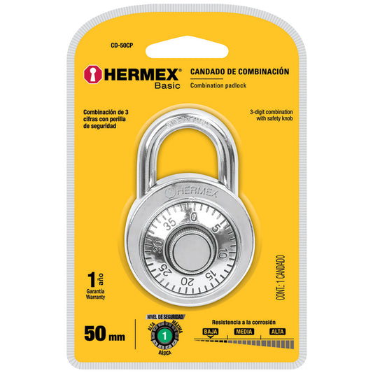 CANDADO DE ACERO DE COMBINACIÓN, 50MM, HERMEX BASIC  CÓDIGO: 23525  CLAVE: CD-50CP - Electrum Digital