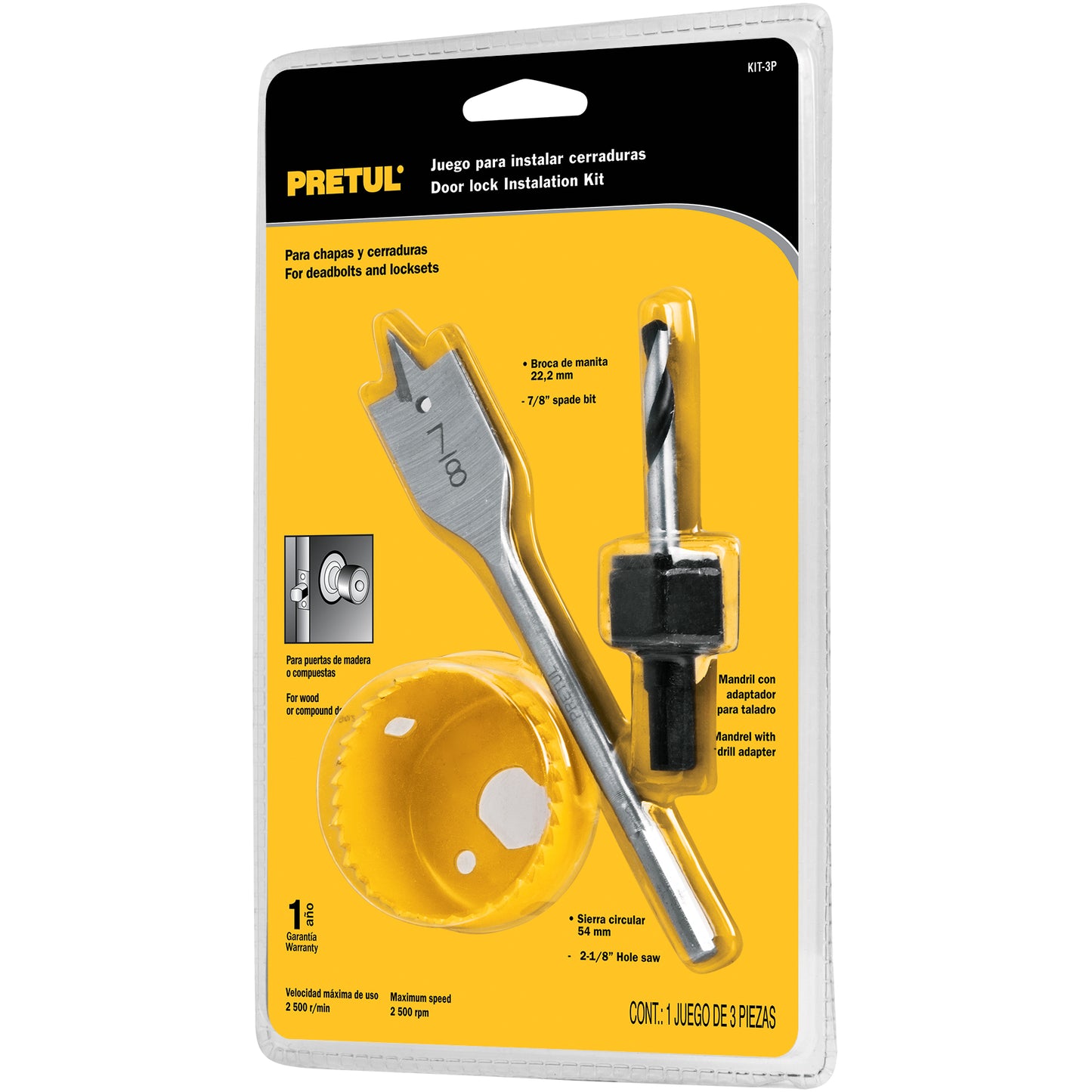 KIT 3 BROCASIERRAS PARA MADERA PARA CERRADURAS, BLÍSTER, PRETUL  CÓDIGO: 23549  CLAVE: KIT-3P